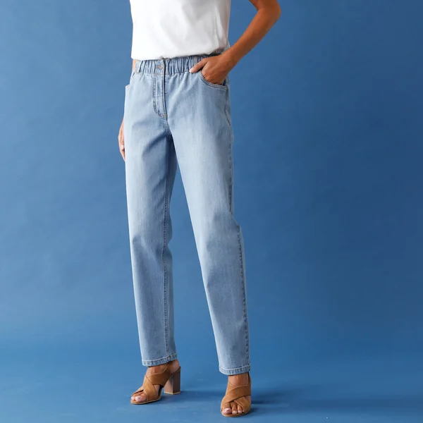 Jean stretch coupe mom confort, taille élastiquée, bleached