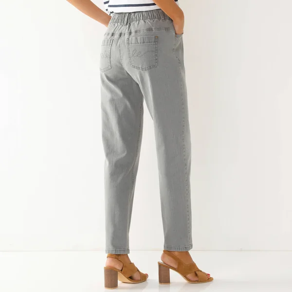Jean stretch coupe mom confort, taille élastiquée, gris