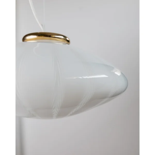 Large Vintage Murano Glass Ceiling Lamp - striped Glass , Golden Metal Fixture - Italy 60s