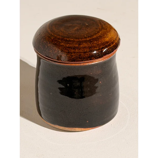 Lidded stoneware pot by Monique Macherel, La borne, France, circa 1960–1970.