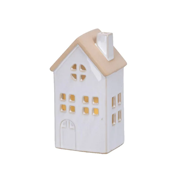 Maison en porcelaine blanche avec LED fixe blanc chaud pour intérieur - 6,7 x 8,7 x 15,5 cm