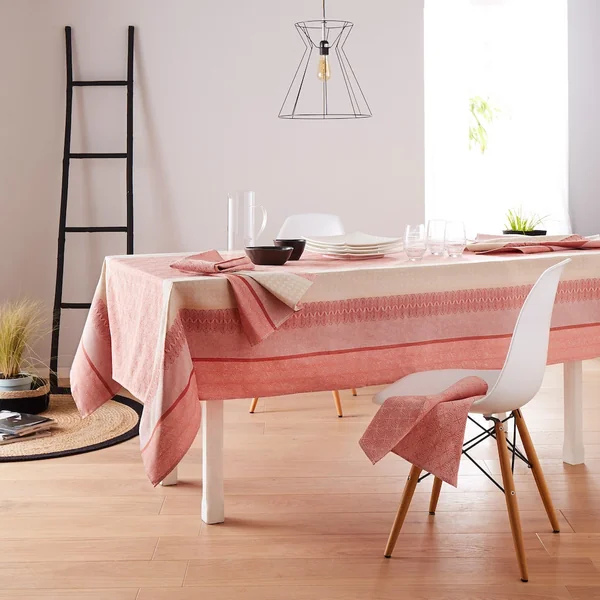 Nappe rectangle 150x200 cm Jacquard 100% coton + enduction acrylique CHARLESTON rouge Corail