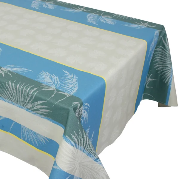 Nappe rectangle 150x200 cm PALMIER bleu lagon Jacquard 100% coton + enduction acrylique