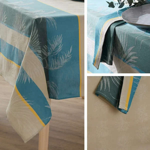 Nappe rectangle 150x250 cm PALMIER bleu lagon Jacquard 100% coton + enduction acrylique