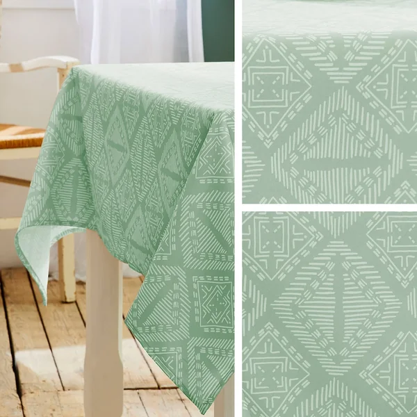 Nappe rectangle 150x300 cm imprimée 100% polyester BOHO géométrique vert sauge