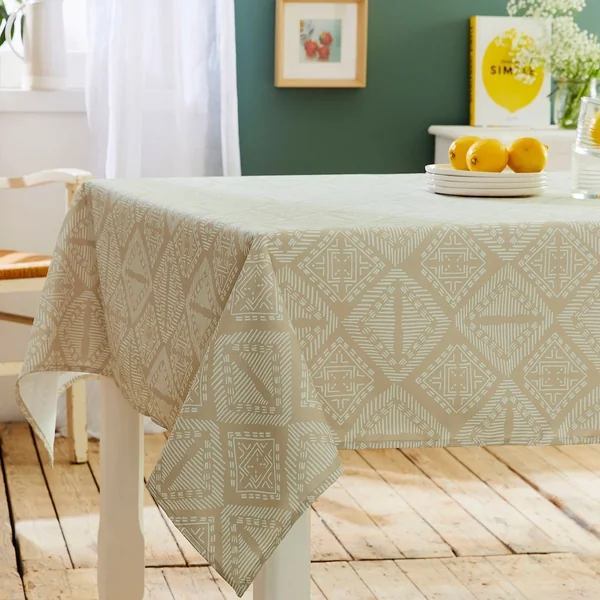 Nappe rectangle 150x350 cm imprimée 100% polyester BOHO géométrique beige ficelle