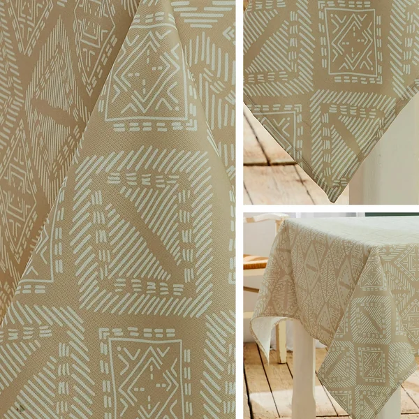 Nappe rectangle 150x350 cm imprimée 100% polyester BOHO géométrique beige ficelle