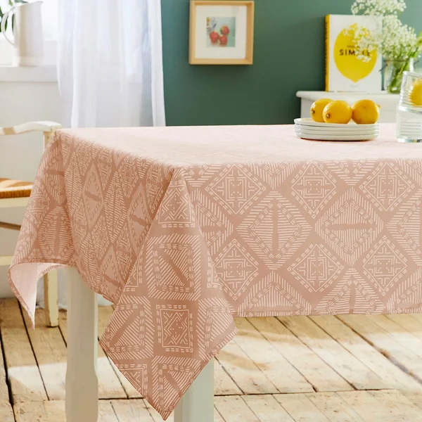 Nappe rectangle 150x350 cm imprimée 100% polyester BOHO géométrique marron sienne
