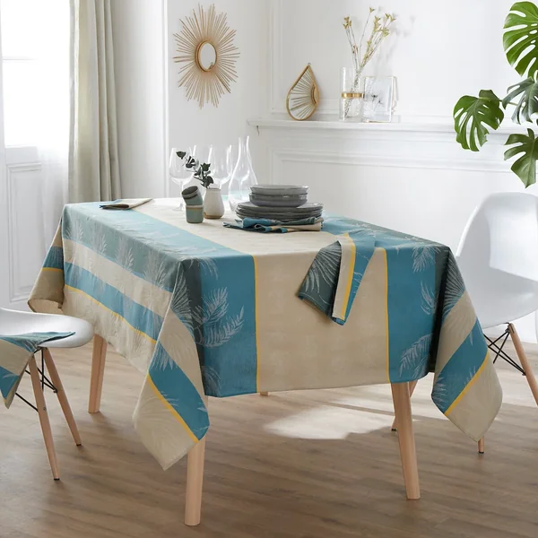Nappe rectangle 150x350 cm PALMIER bleu lagon Jacquard 100% coton + enduction acrylique