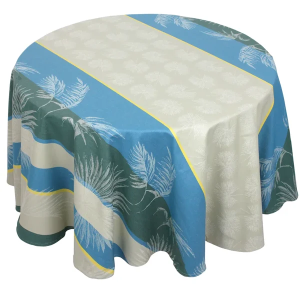 Nappe ronde 170 cm PALMIER bleu lagon Jacquard 100% coton + enduction acrylique