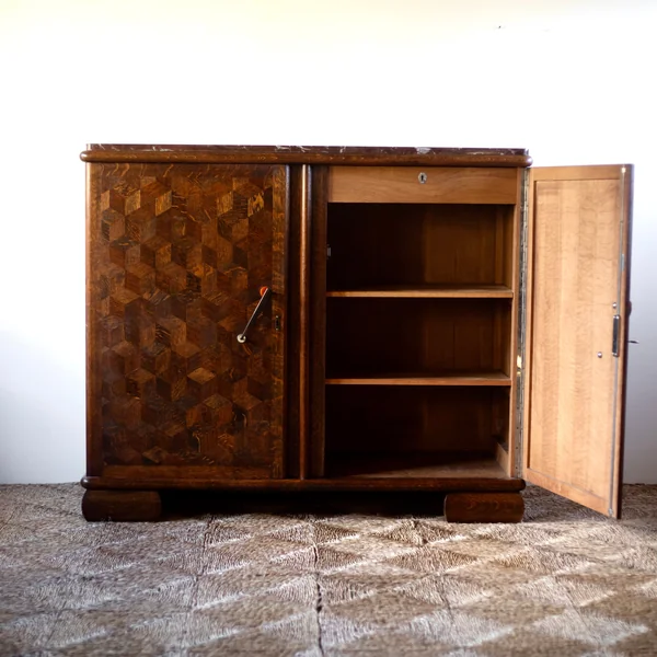 Pair of Art Deco Belgian Parquetry Cabinets with Rose Marble Tops