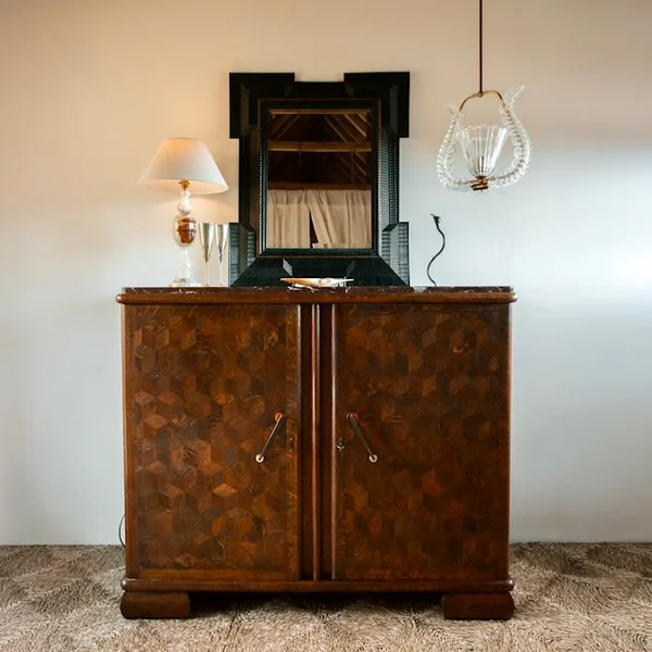 Pair of Art Deco Belgian Parquetry Cabinets with Rose Marble Tops