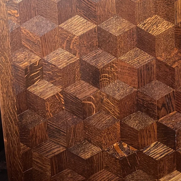 Pair of Art Deco Belgian Parquetry Cabinets with Rose Marble Tops