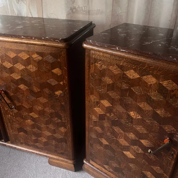 Pair of Art Deco Belgian Parquetry Cabinets with Rose Marble Tops