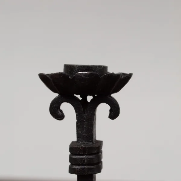 Pair of Brutalist Iron Candleholders with Sculptural Scroll Arms