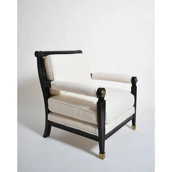 Pair of neoclassical ebonised wood and caning armchairs, 1960s