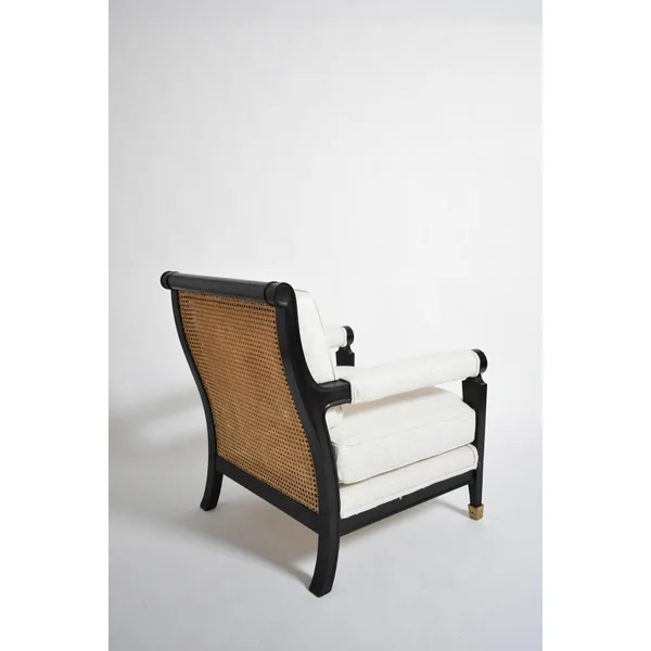 Pair of neoclassical ebonised wood and caning armchairs, 1960s