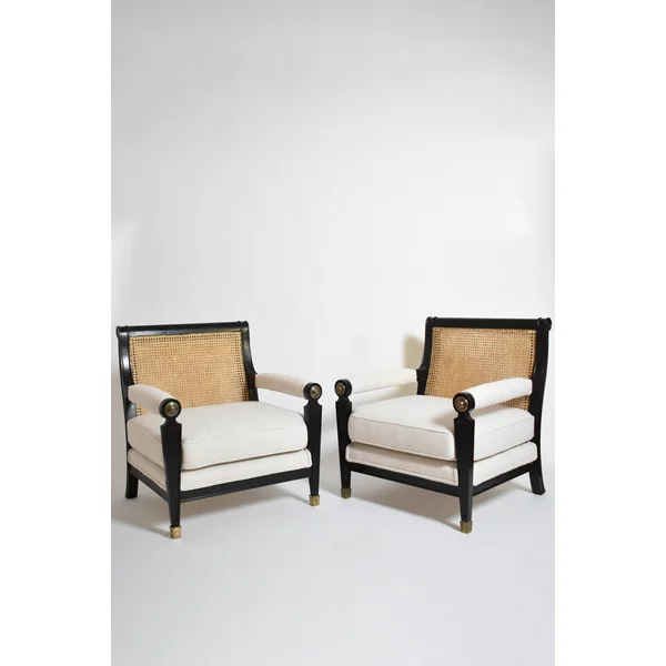 Pair of neoclassical ebonised wood and caning armchairs, 1960s