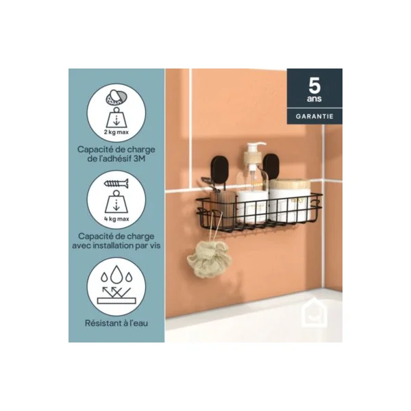 Panier de douche filaire L en acier inoxydable noir Cavally GoodHome