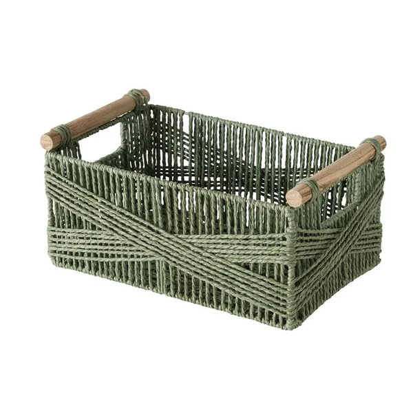 Panier en papier recyclé vert et bambou Cesto moyen modèle - 34 x 20 x 16 cm