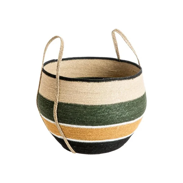 Panière ronde rayée multicolore avec anses en osier moyen modèle - Ø 43 x H 31 cm