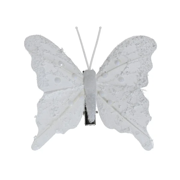 Papillon blanc à plumes avec perles sur clip - 8 x 6 cm