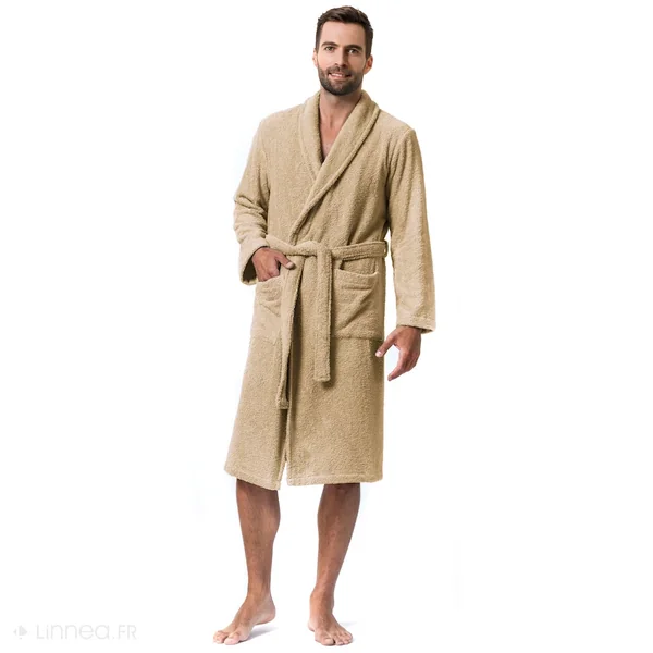 Peignoir col châle adulte PURE coton M marron beige