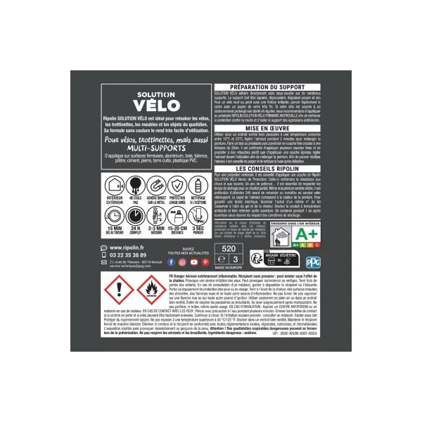 Peinture aérosol multi-supports solution vélo Ripolin gris carbone mat velouté 400ml