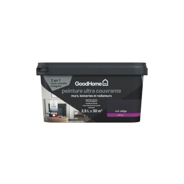 Peinture couleur 2 en 1 velours GoodHome noir zellige 2,5L