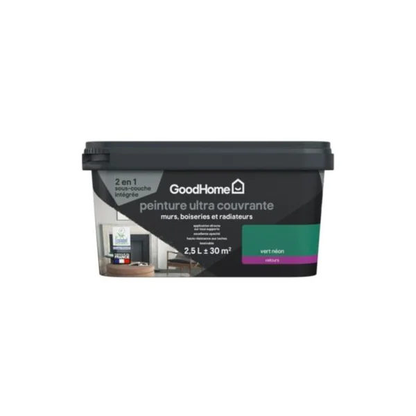 Peinture couleur 2 en 1 velours GoodHome vert néon 2,5L