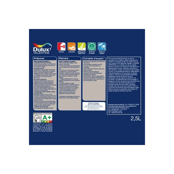 Peinture Crème De Couleur Dulux Valentine satin blanc intense 2,5L
