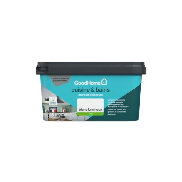 Peinture cuisine & bains murs et plafonds GoodHome blanc lumineux satin 2,5L