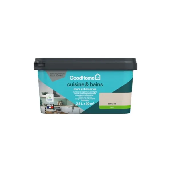 Peinture cuisine et salle de bains beige santa fe satin GoodHome Premium 2.5 L