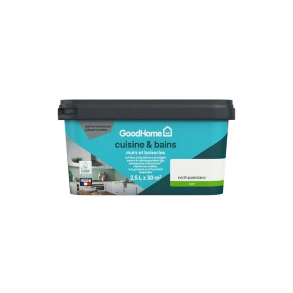 Peinture cuisine et salle de bains blanc north pole satin GoodHome Premium 2.5 L