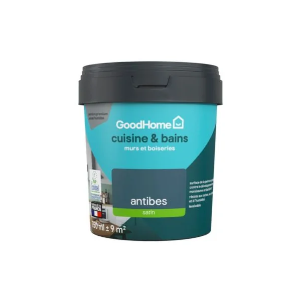 Peinture cuisine et salle de bains bleu antibes satin GoodHome Premium 0.75 l