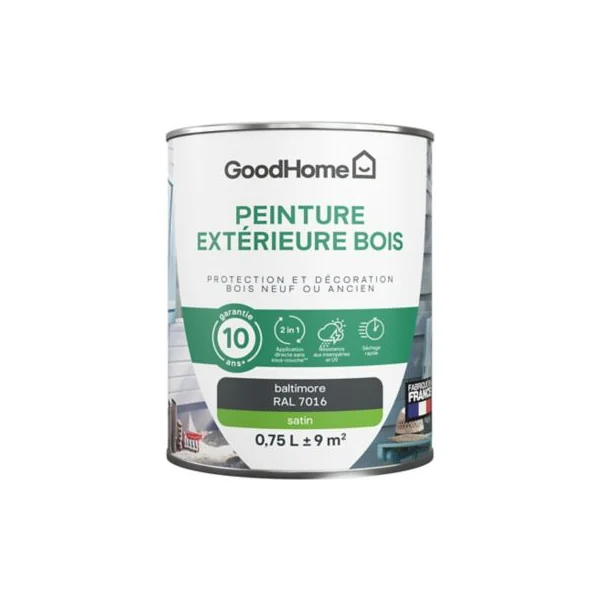 Peinture extérieure bois GoodHome RAL 7016 gris baltimore satin 0.75L