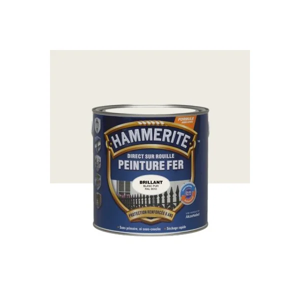 Peinture fer extérieur direct sur rouille blanc pur RAL 9010 brillant Hammerite 2.5 L
