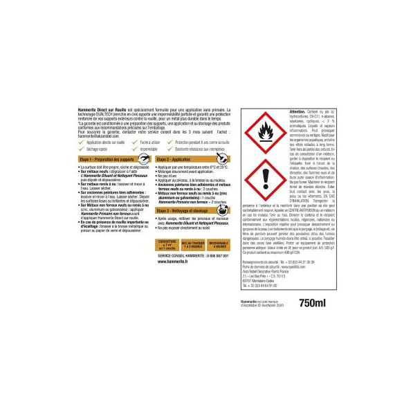 Peinture fer extérieur direct sur rouille noir satin Hammerite 0.75 L