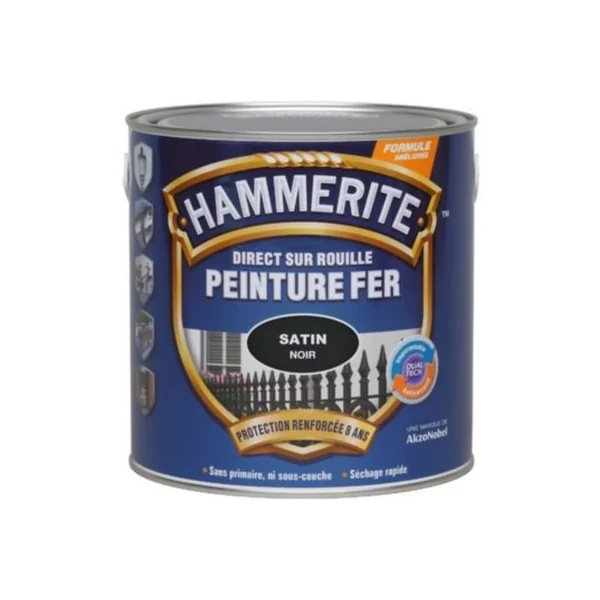 Peinture fer extérieur direct sur rouille noir satin Hammerite 0.75 L