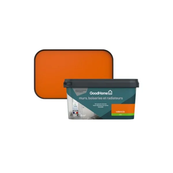 Peinture intérieure couleur murs, boiseries et radiateurs GoodHome satin valencia orange 2.5L