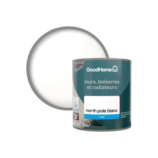 Peinture murs, boiseries et radiateurs blanc north pole mat GoodHome Premium 0.5 L