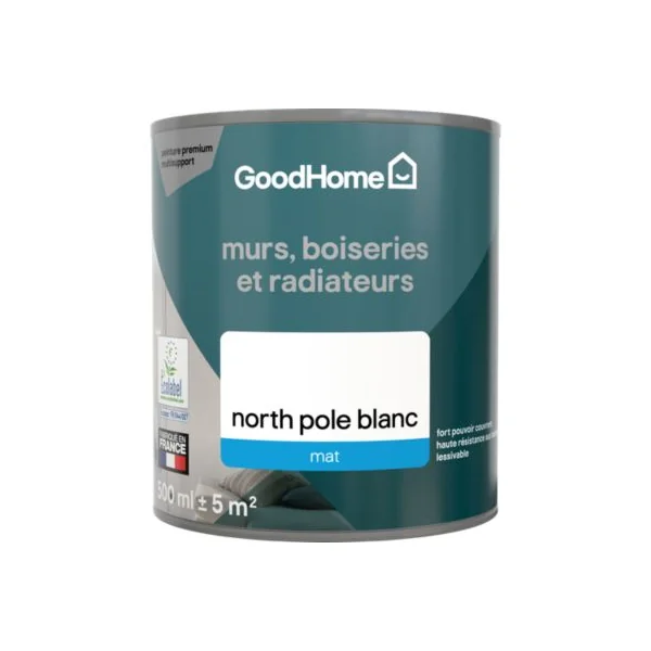 Peinture murs, boiseries et radiateurs blanc north pole mat GoodHome Premium 0.5 L