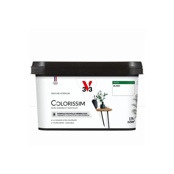 Peinture murs, boiseries et radiateurs blanc satin V33 Colorissim 2.5 L