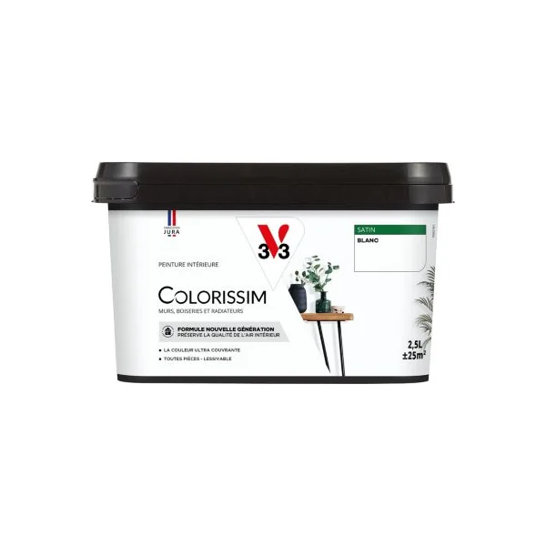 Peinture murs, boiseries et radiateurs blanc satin V33 Colorissim 2.5 L