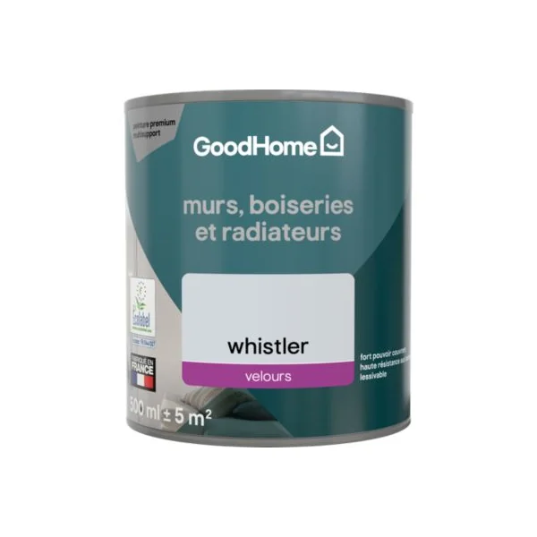 Peinture murs, boiseries et radiateurs blanc whistler velours GoodHome Premium 0.5 L