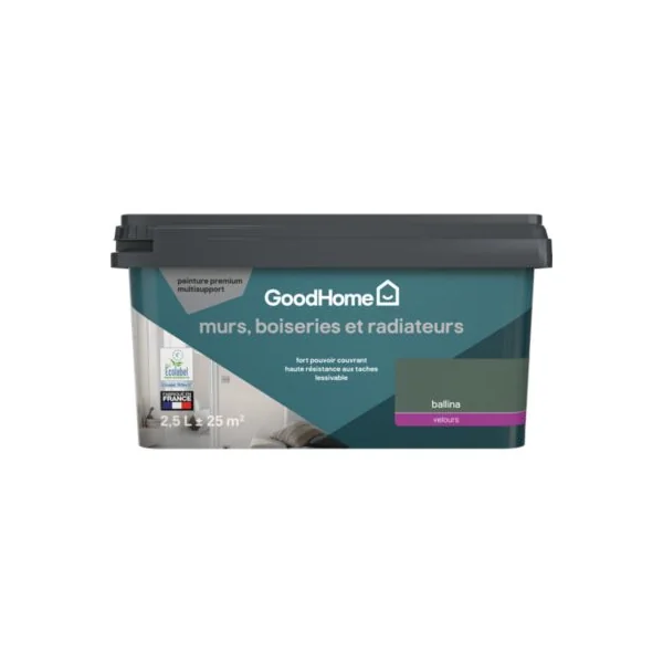Peinture murs, boiseries et radiateurs vert ballina velours GoodHome Premium 2.5 L
