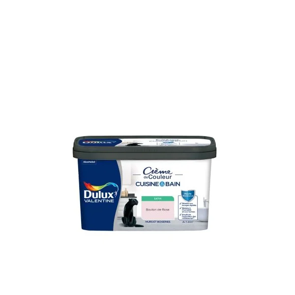 Peinture murs et boiseries cuisine et bain rose bouton de rose satin Dulux Valentine Crème de couleur 2 L