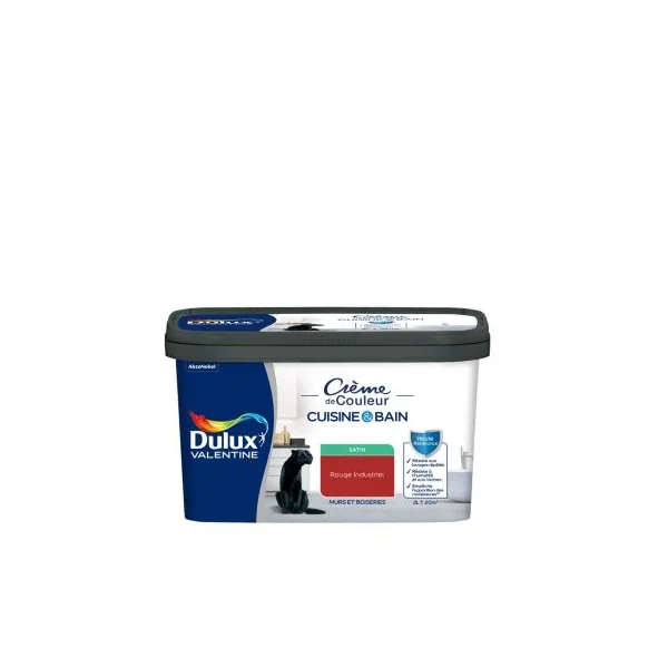 Peinture murs et boiseries cuisine et bain rouge industriel satin Dulux Valentine Crème de couleur 2 L