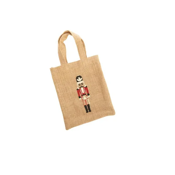 Petit sac en jute décor casse-noisette beige et rouge - 20 x 24 cm