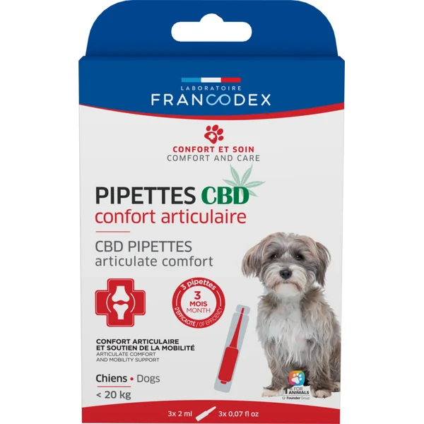 Pipettes CBD pour chien de moins de 20 kg confort articulaire Francodex - x 3 de 2 ml